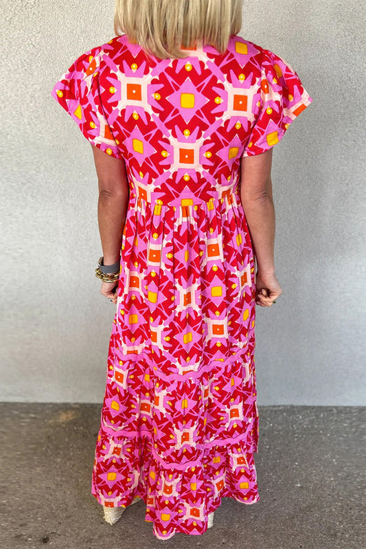 CM | Strawberry Pink Maxi vestido plisado con mangas volantes y estampado abstracto