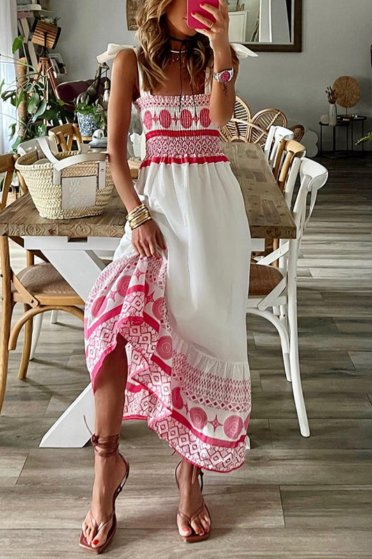 CM | Malibu Villa maxi vestido estampado étnico con hombros fruncidos