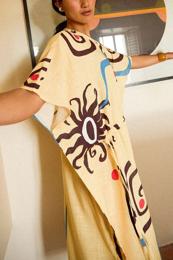CM | Helia Mezcla de Lino Estampado Único Maxi Vestido Kaftan con Cintura con Cordón