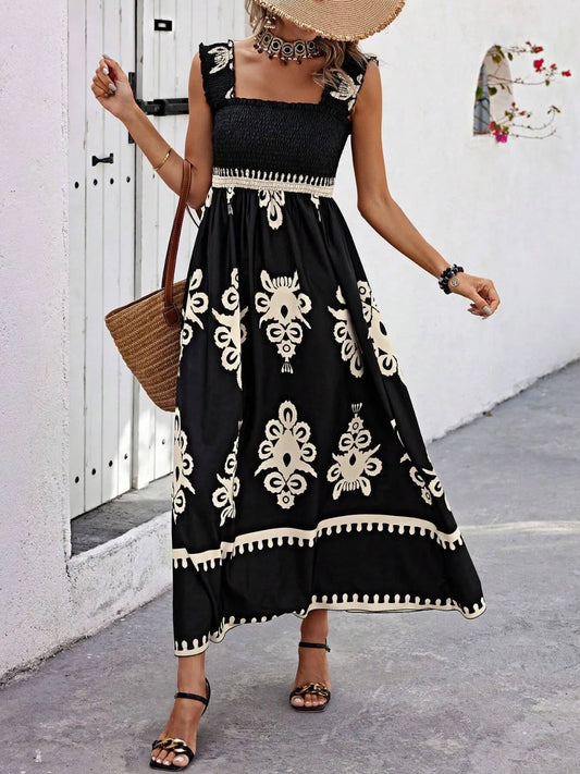 CM | maxi vestido estampado con tirantes anchos y fruncidos