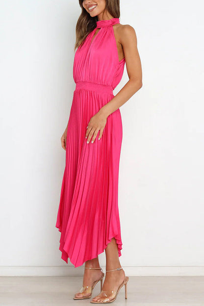 CM | Luxe Look Satén Plisado Halter Cintura Elástica Vestido Midi