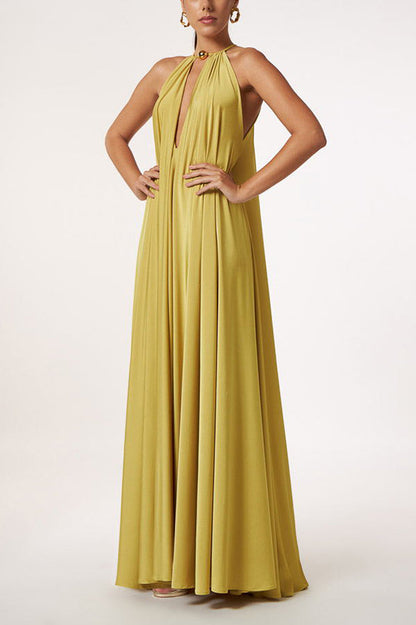 CM | Diosa Griega Inconfundible Dorado Cuello Halter Línea A Maxi Vestido