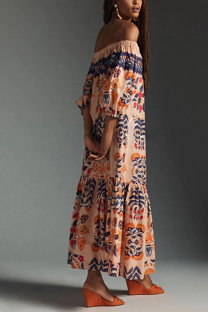 CM | Island Lover Vestido midi estampado con hombros al aire
