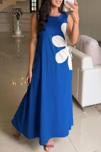 CM | Color Sólido Cuello Redondo Floral Maxi Vestido