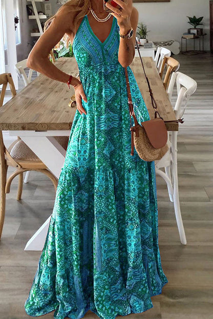 CM | Celeste maxi vestidos de tirantes con estampado boho y cintura elástica