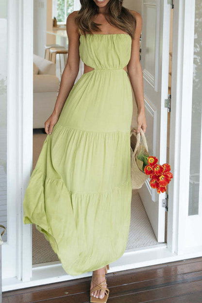 CM | Vestido largo de swing sin mangas, con cintura abierta y capas