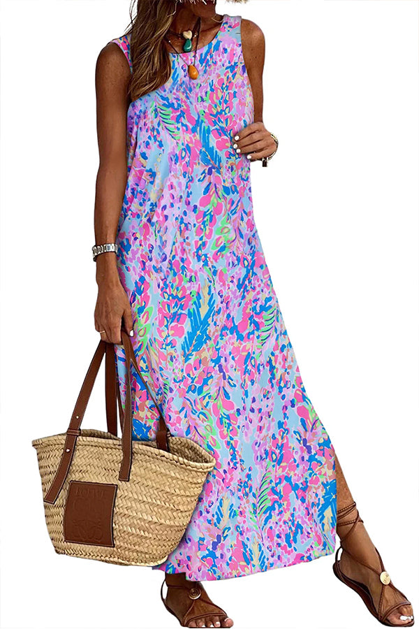 CM | Morado Fluorescente Estampado Cuello Redondo Maxi Vestido Sin Mangas