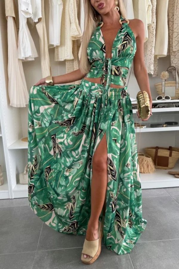 CM | Paisaje Amazónico Impresión Única Cuello Atado Cintura Anillo Halter Hendidura Maxi Vestido