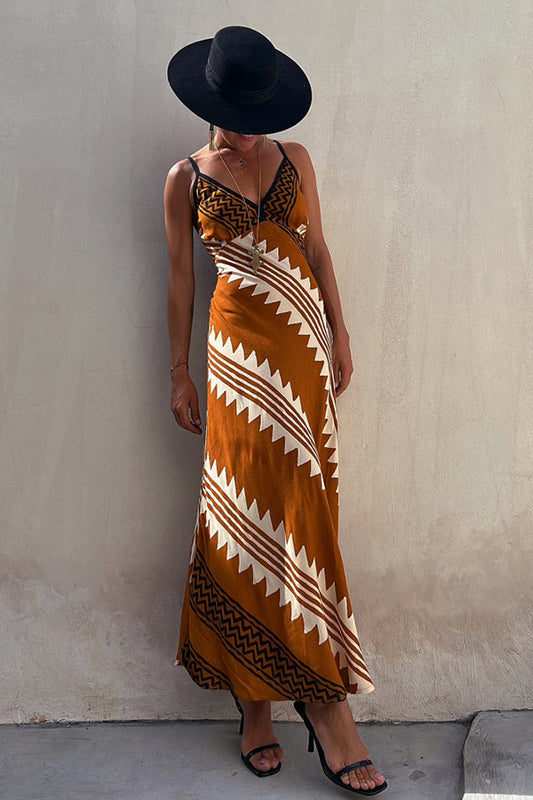CM | Always Falling Vestido midi de satén con estampado étnico y espalda fruncida