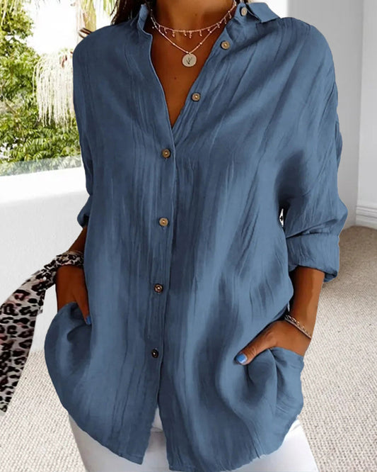 CM | Camisa casual monocolor de manga larga con cuello de pico y botones
