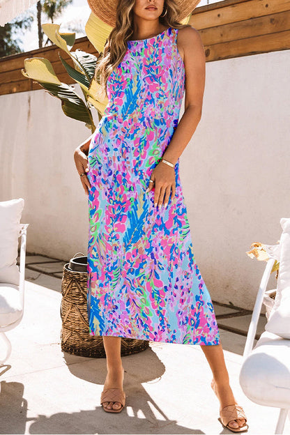 CM | Morado Fluorescente Estampado Cuello Redondo Maxi Vestido Sin Mangas