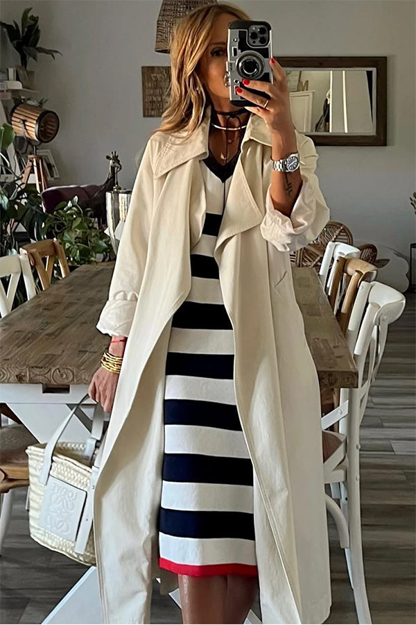 CM | Stripes Elegante vestido midi con escote en V y manga larga