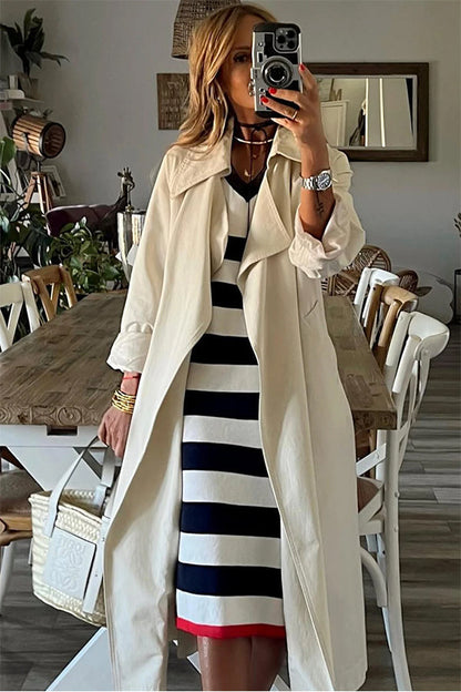 CM | Stripes Elegante vestido midi con escote en V y manga larga