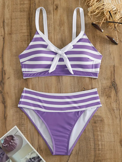 CM | Bikini sexy con estampado de rayas y nudo en V