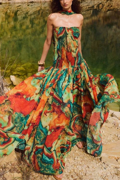 CM | Vacay Vibes Vestido maxi con hombros al descubierto y estampado de lava de colores con pañuelo fruncido