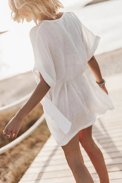 CM | mini vestido kimono con cinturón de bolsillo en mezcla de algodón y lino
