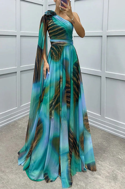 CM | Lucia Impresión única Detalle Floral Un Hombro Vestido Manga Drapeada Maxi Vestido