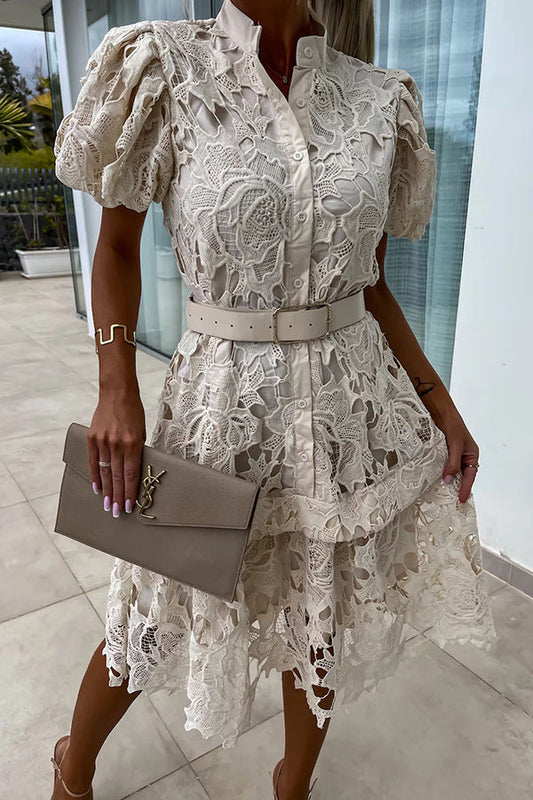 CM | Absolutamente Elegante Floral Crochet Encaje Puff Manga Cinturón Camisa Vestido Midi