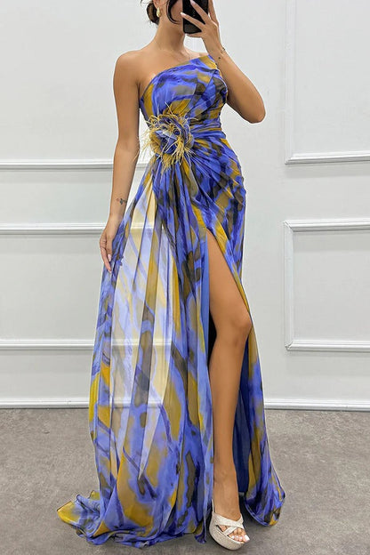 CM | Amazing Views Acuarela Imprimir Pluma Rosa Detalle Off Shoulder Plisado Hendidura Maxi Vestido