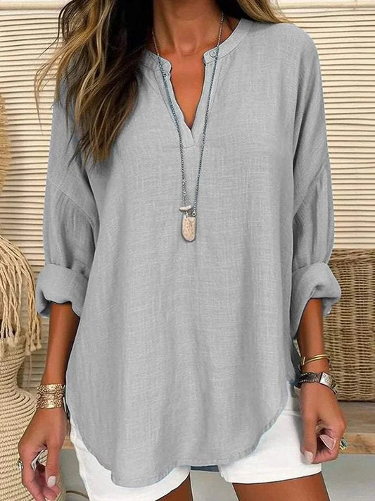 CM | Camisa regular de manga larga con cuello en V, monocolor, de manga larga y corte holgado