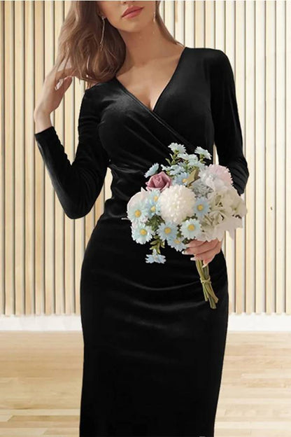 CM | Terciopelo Sólido Manga Larga Cuello en V Slim Fit Fishtail Maxi Vestido