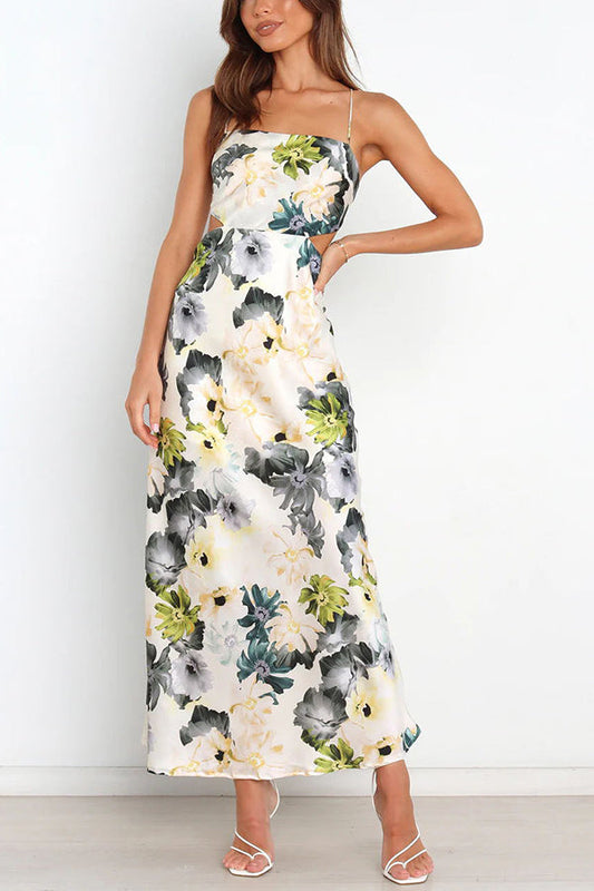 CM | Garden Party Floral Satén Recorte Espalda Encaje Maxi Vestido