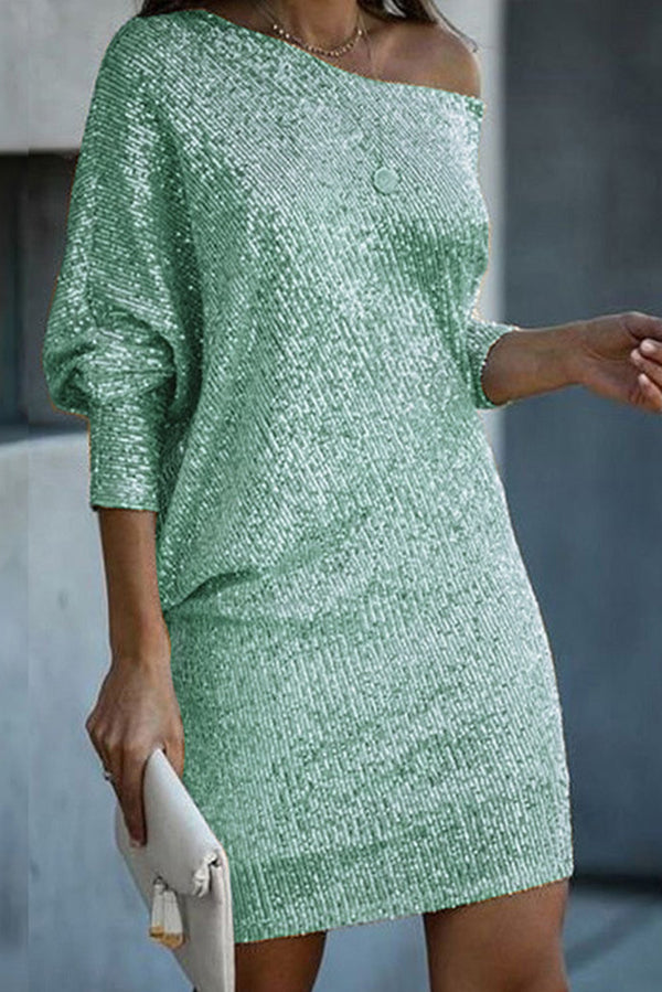 CM | Lentejuelas Sólido Off-shoulder Mini Vestido Suelto