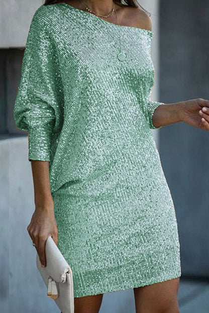 CM | Lentejuelas Sólido Off-shoulder Mini Vestido Suelto