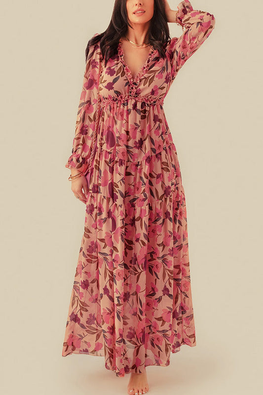 CM | maxi vestido escotado con volantes y estampado floral en rojo pastel