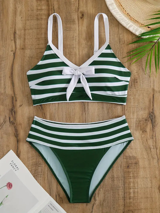 CM | Bikini sexy con estampado de rayas y nudo en V