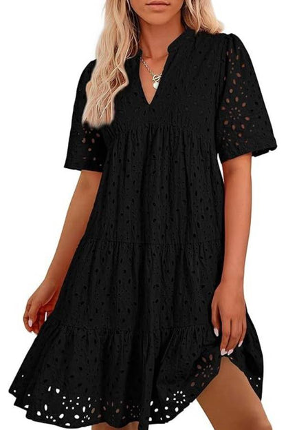 CM | Cuello en V de Mujer Manga Corta Hueco Mini Vestido de Vacaciones