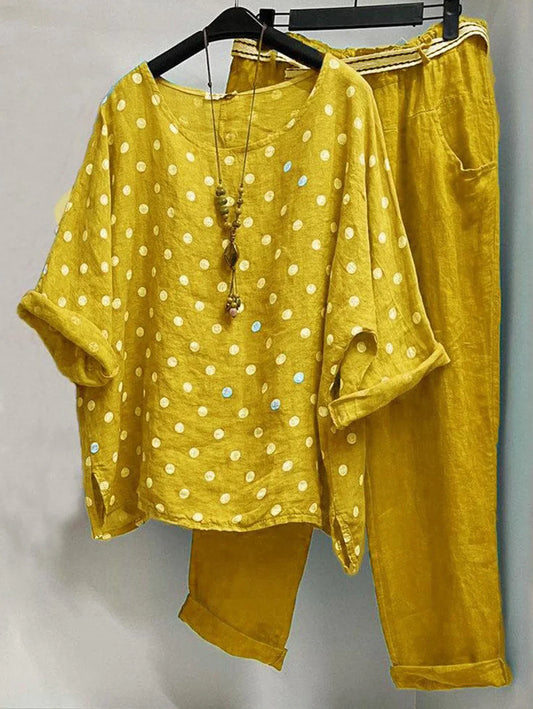 CM | Blusa casual con escote redondo de lunares y pantalón con bolsillos en pack de 2