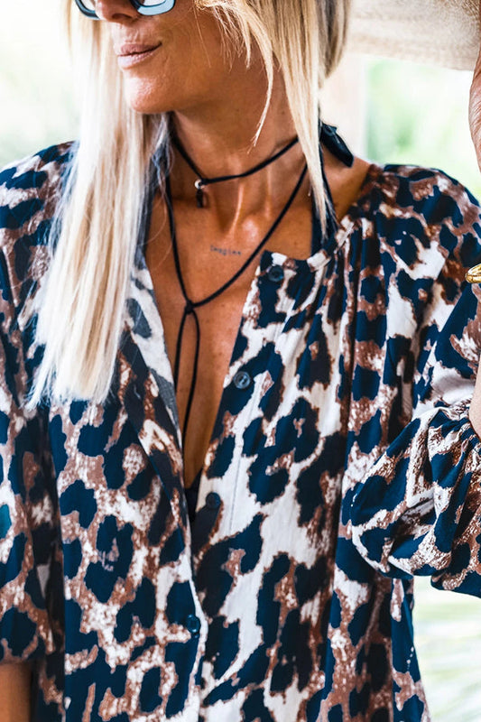 CM | Mini Vestido Abotonado Negro Leopardo Manga Farol