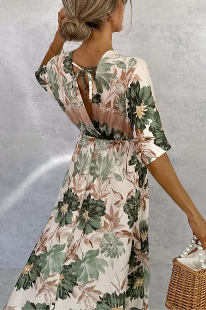 CM | Retro Cuello en V Impreso Manga Corta Cintura Largo Maxi Vestido