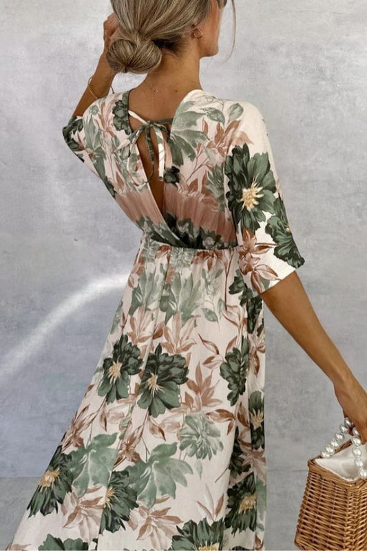 CM | Retro Cuello en V Impreso Manga Corta Cintura Largo Maxi Vestido