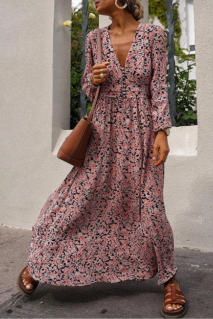 CM | maxi vestido abotonado con estampado floral multicolor y escote pronunciado