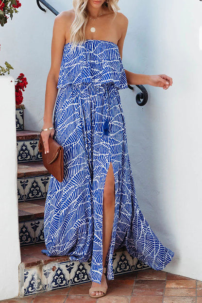 CM | Picnic de Verano Impreso Cintura Elástica Sin Tirantes Maxi Vestido