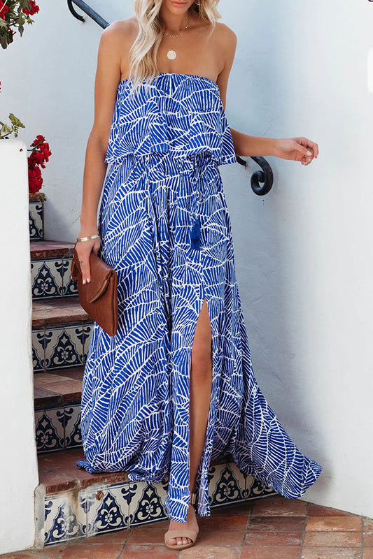 CM | Picnic de Verano Impreso Cintura Elástica Sin Tirantes Maxi Vestido