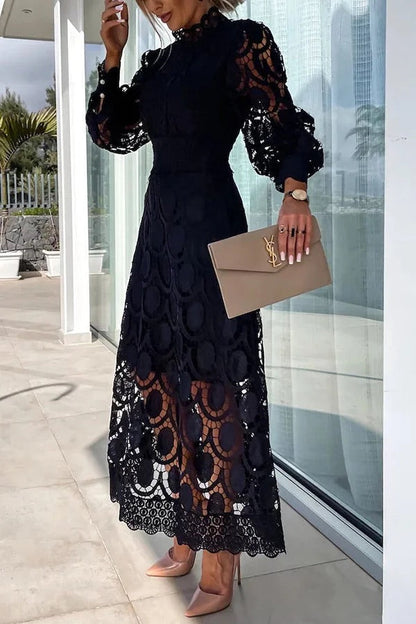 CM | Romántico, Sensual y Elegante Vestido Midi de Encaje de Crochet con Manga Farol de Fiesta