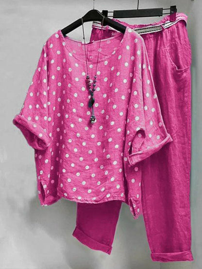 CM | Blusa casual con escote redondo de lunares y pantalón con bolsillos en pack de 2