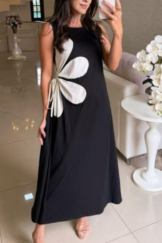 CM | Color Sólido Cuello Redondo Floral Maxi Vestido