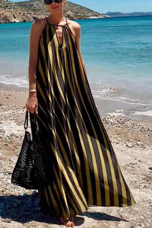 CM | Estampado de rayas Cuello en V Vestido maxi holgado de vacaciones en la playa