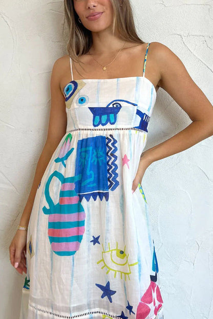 CM | She's The Fun Vestido midi con estampado lúdico en mezcla de lino y ribete en escalera