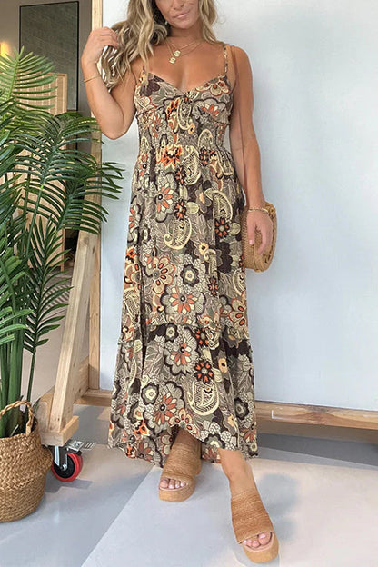 CM | Cuello Atrás Encaje Abertura Estampado Floral Maxi Vestido Cami