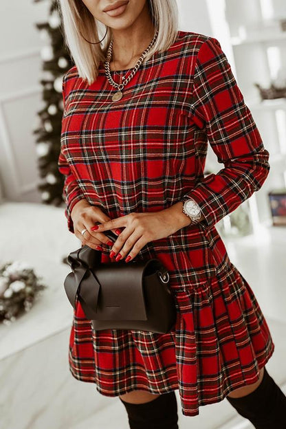CM | Moda patrón de cuadros mangas largas escote redondo delgado mini vestido