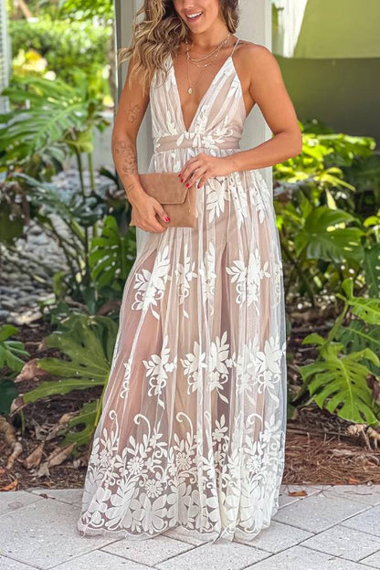 CM | Maxi Vestido de Tul Floral con Espalda Cruzada Blanco y Beige