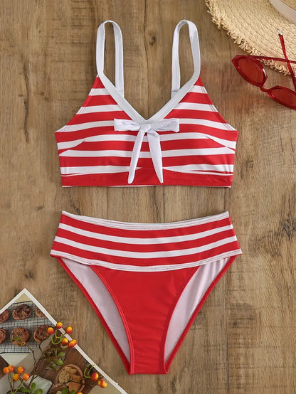 CM | Bikini sexy con estampado de rayas y nudo en V