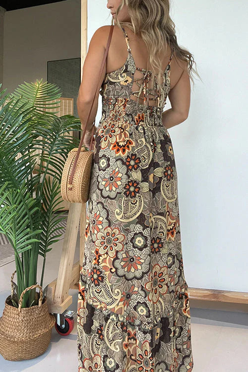 CM | Cuello Atrás Encaje Abertura Estampado Floral Maxi Vestido Cami