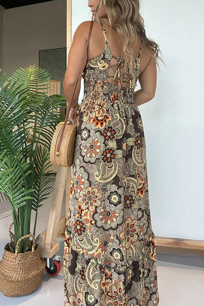 CM | Cuello Atrás Encaje Abertura Estampado Floral Maxi Vestido Cami