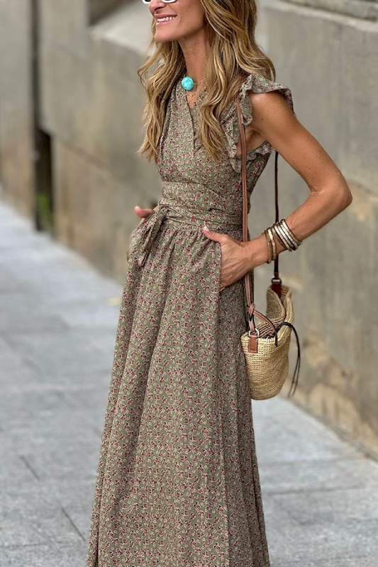 CM | Cuello en V Vestido largo fruncido de manga corta ceñido a la cintura con estampado floral